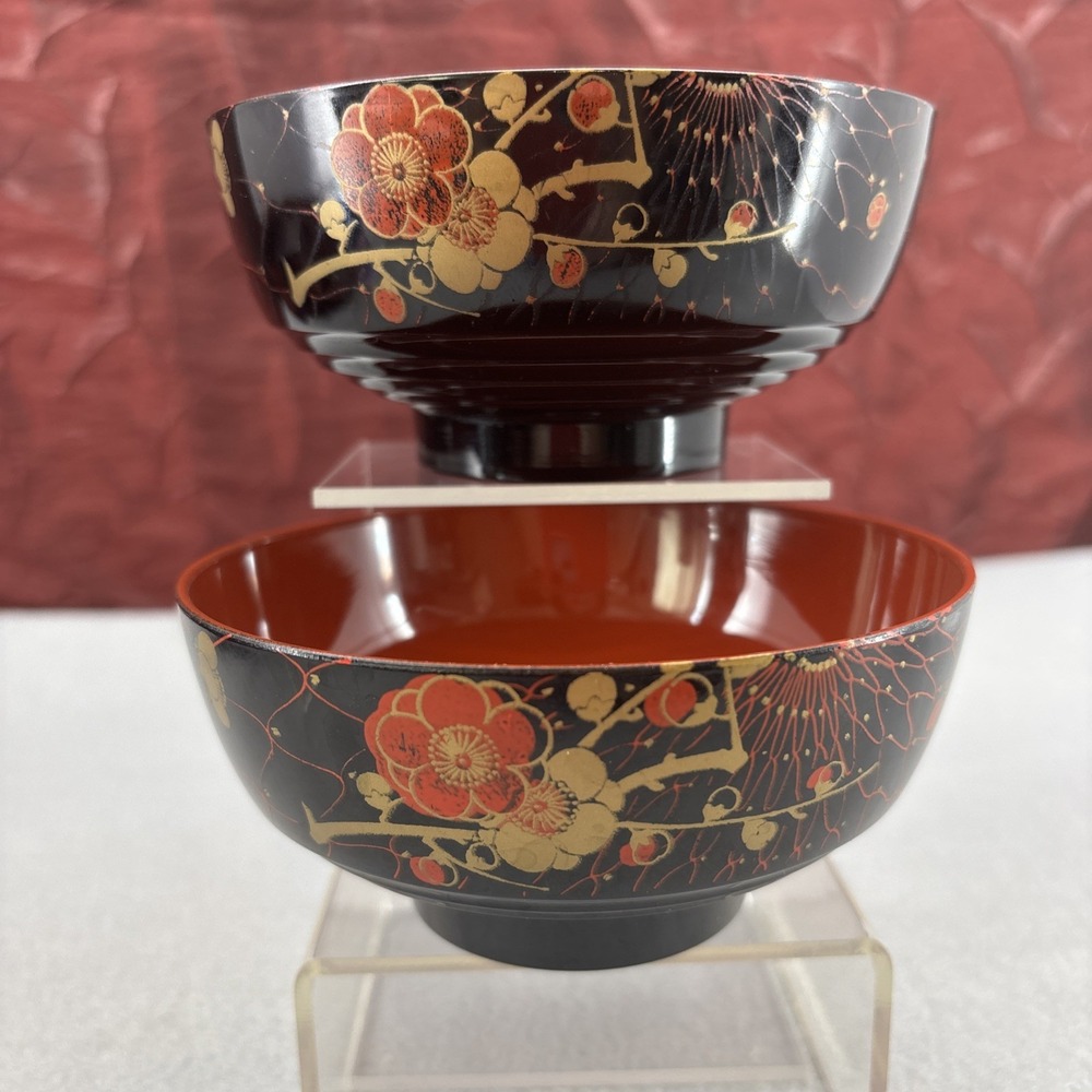 Japanese Lacquerware Bowls Soup Rice Noodles Red Black Gold Floral Miso Japan - Picture 11 of 16